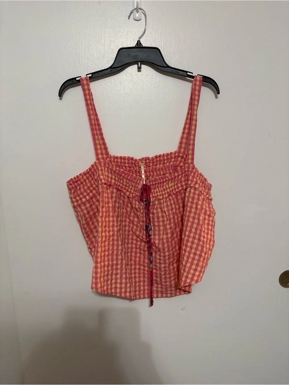 Free People Pink & Orange Gingham Ruffle Tie-Front Cami